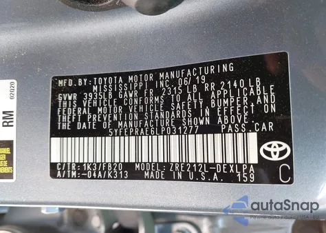 2020 Toyota Corolla Le z USA, uszkodzony, nr VIN 5YFEPRAE6LP031277